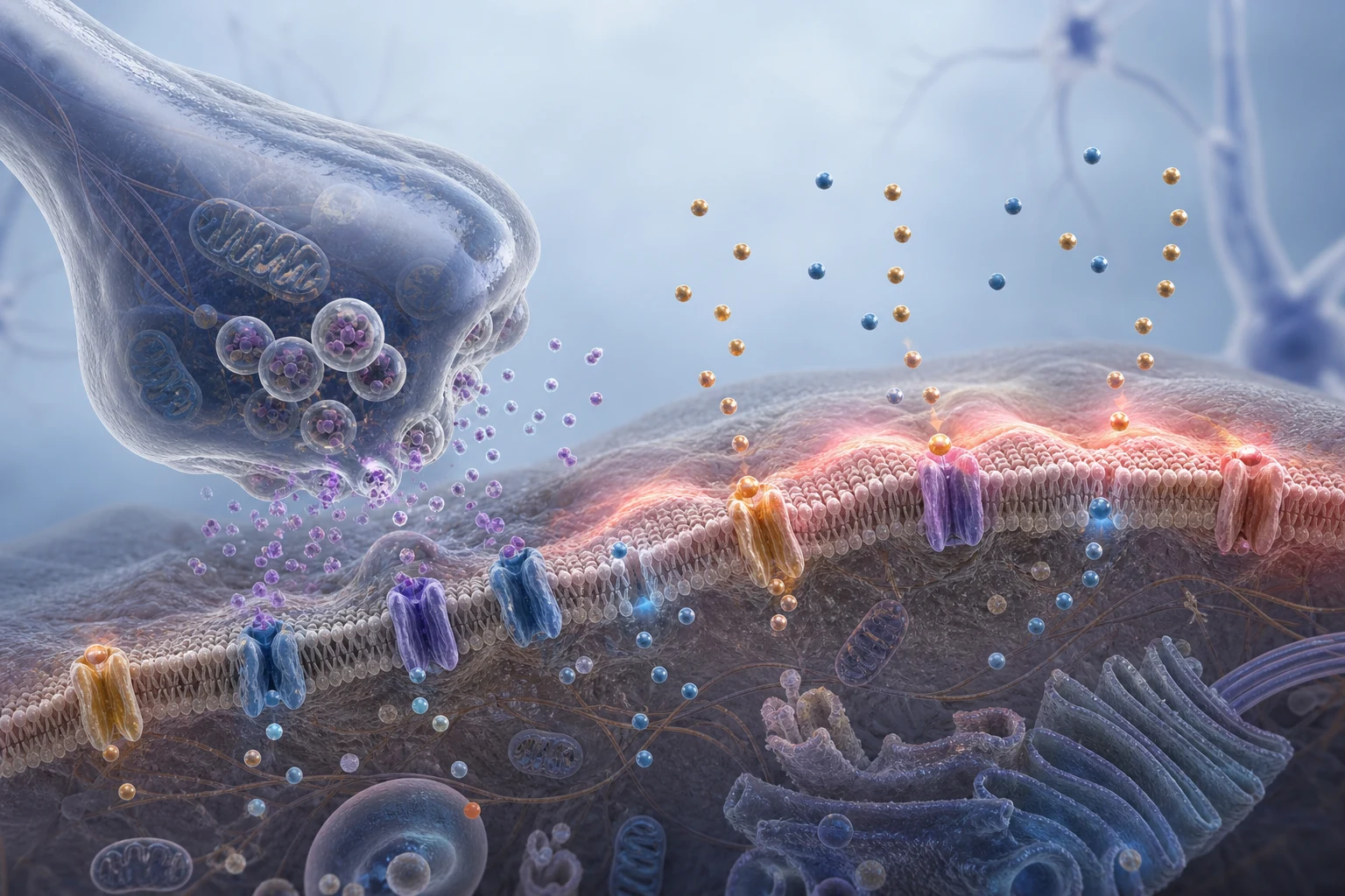 Realistic biomedical illustration of a stretched neuronal membrane, ion movement through channels and glutamate release at a synapse