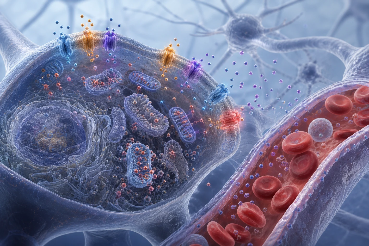 Realistic biomedical illustration of active neuronal ion pumps, stressed mitochondria and an adjacent cerebral capillary