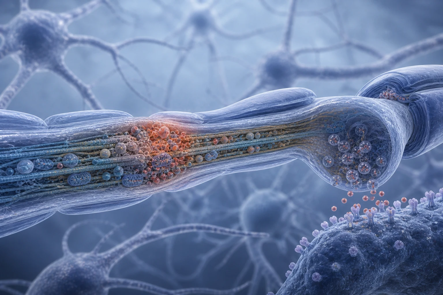 Realistic biomedical illustration of a continuous stretched axon with disrupted internal transport leading into an intact synapse