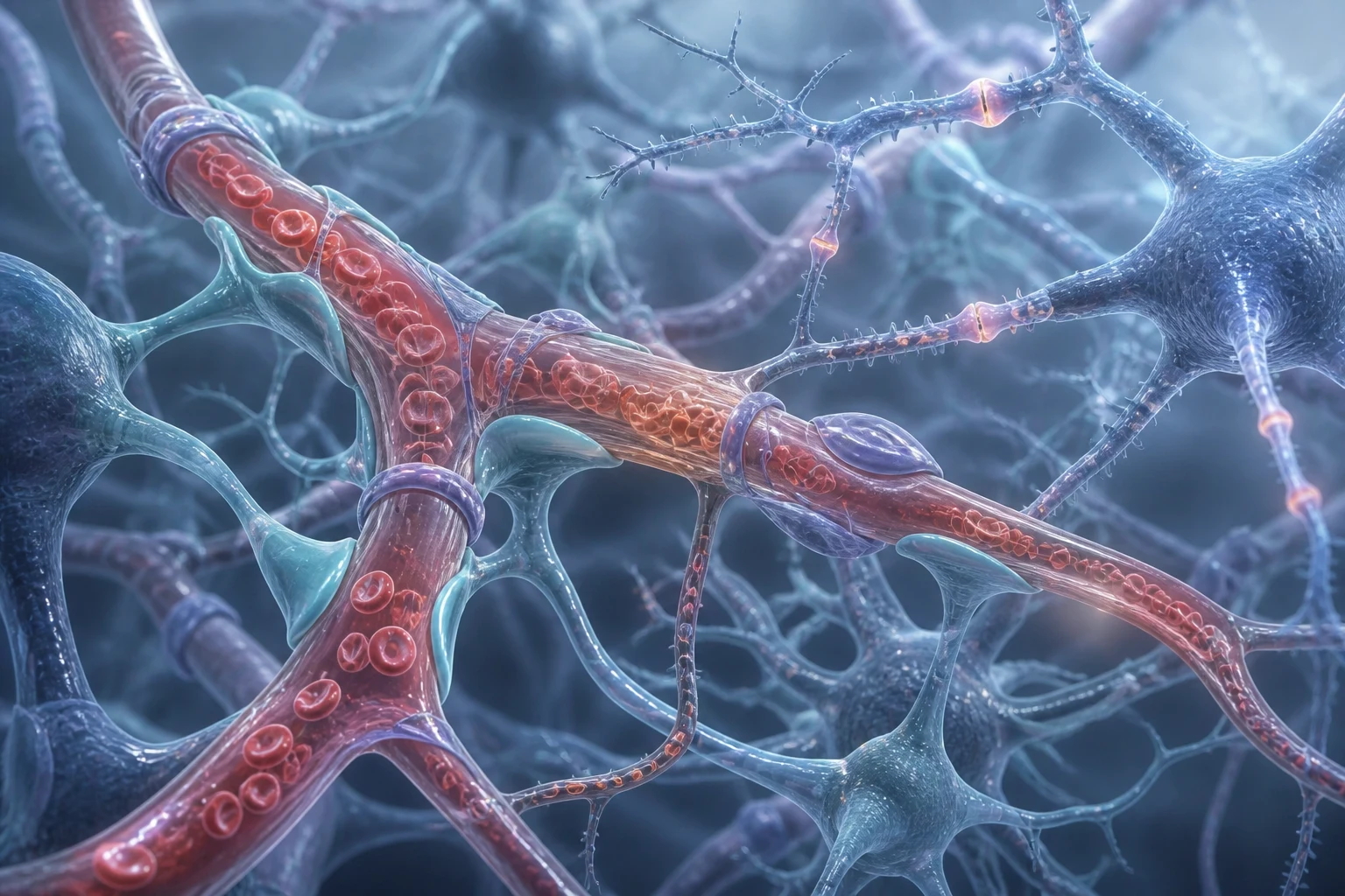 Realistic biomedical illustration of an intact cerebral microvascular network with varying vessel calibre and regional blood flow around neurons