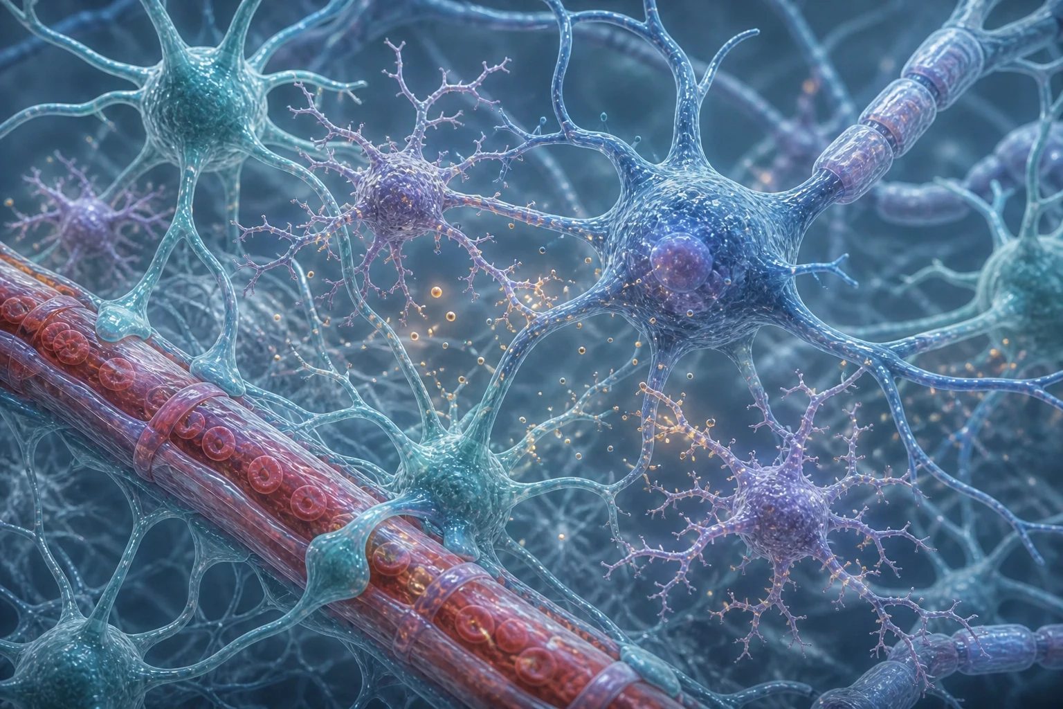 Realistic biomedical illustration of activated microglia and astrocytes signalling around an intact neuron and cerebral capillary