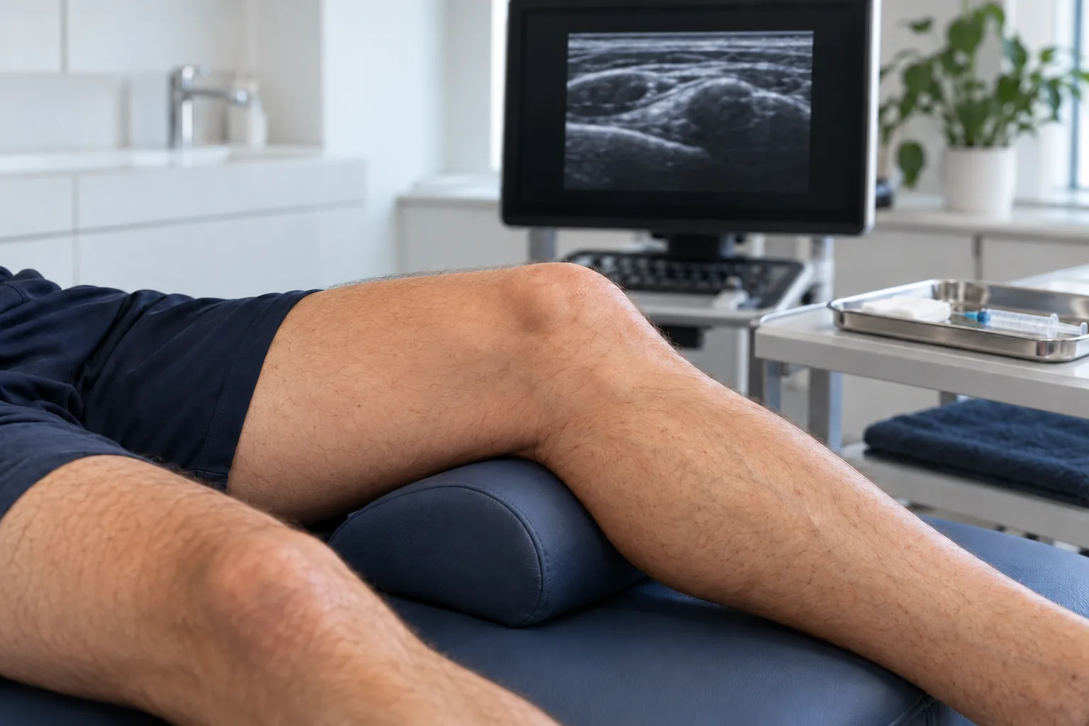 Patient's knee supported on a bolster beside an ultrasound monitor
