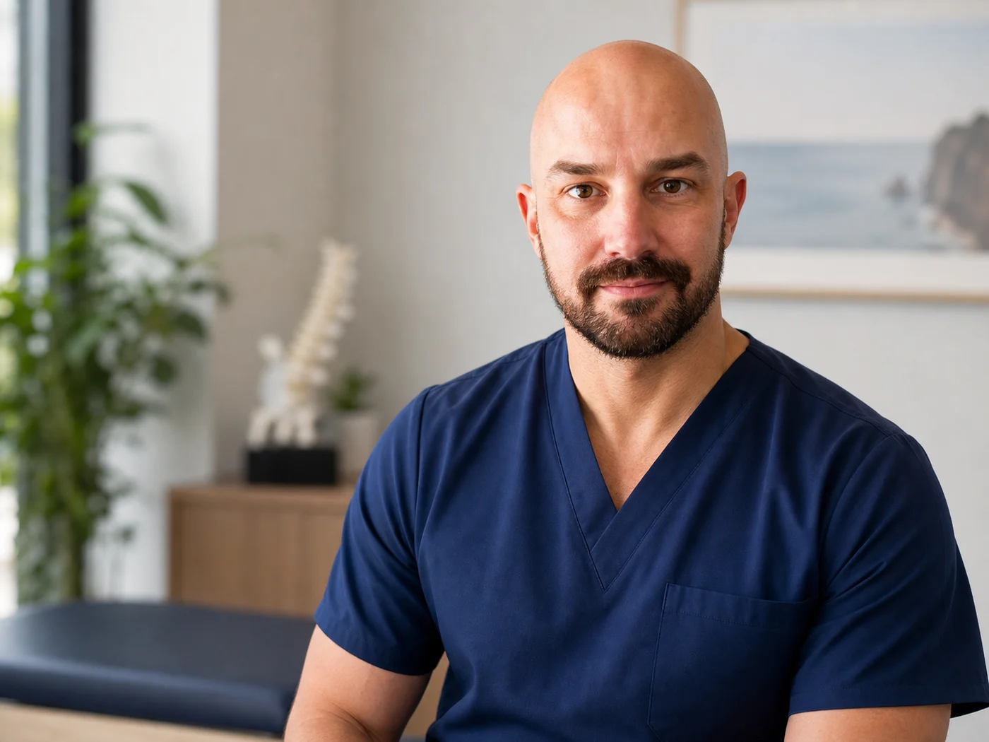 Dr Joshua Hatch in navy scrubs at The Back Pain Doctor Brisbane