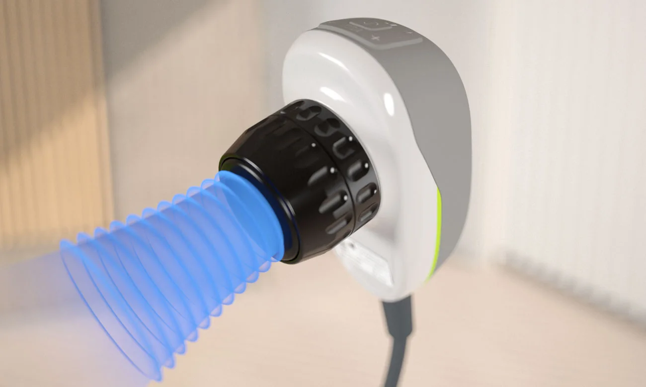 STORZ Medical V-ACTOR vibration handpiece, with the oscillating energy shown as an illustration
