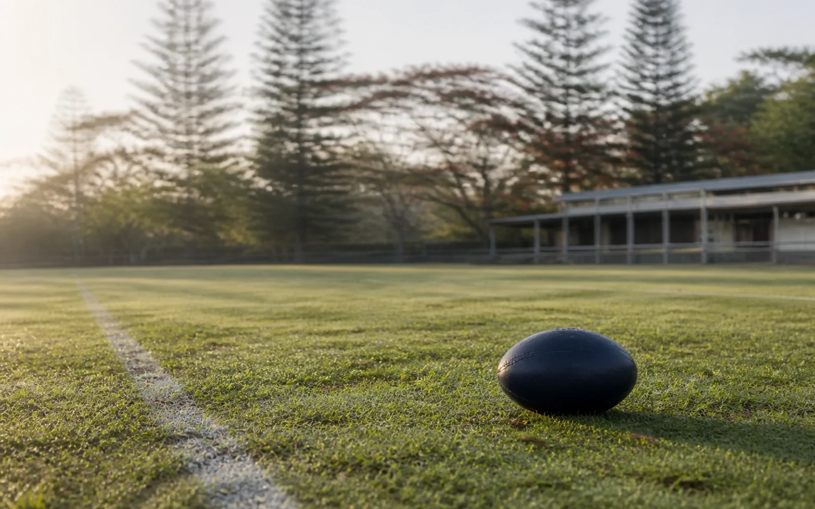Illustration of an unbranded football on a softly blurred Brisbane sports field