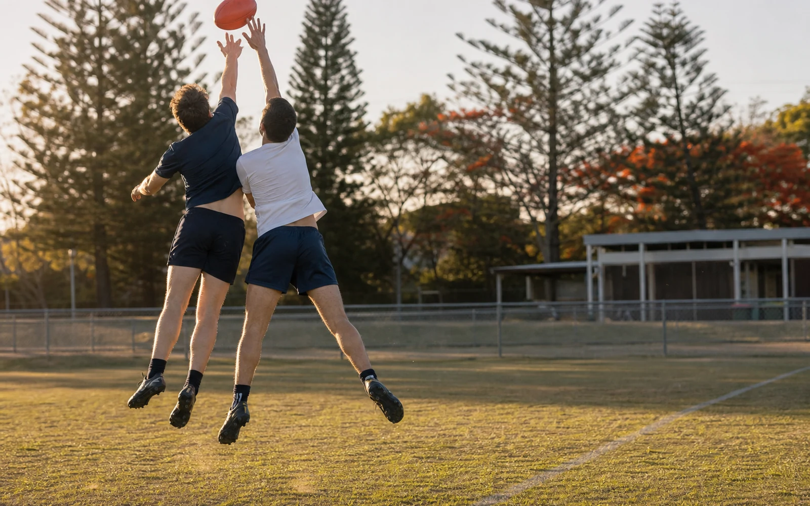 Illustration of amateur players contesting a ball on a suburban Brisbane sports field