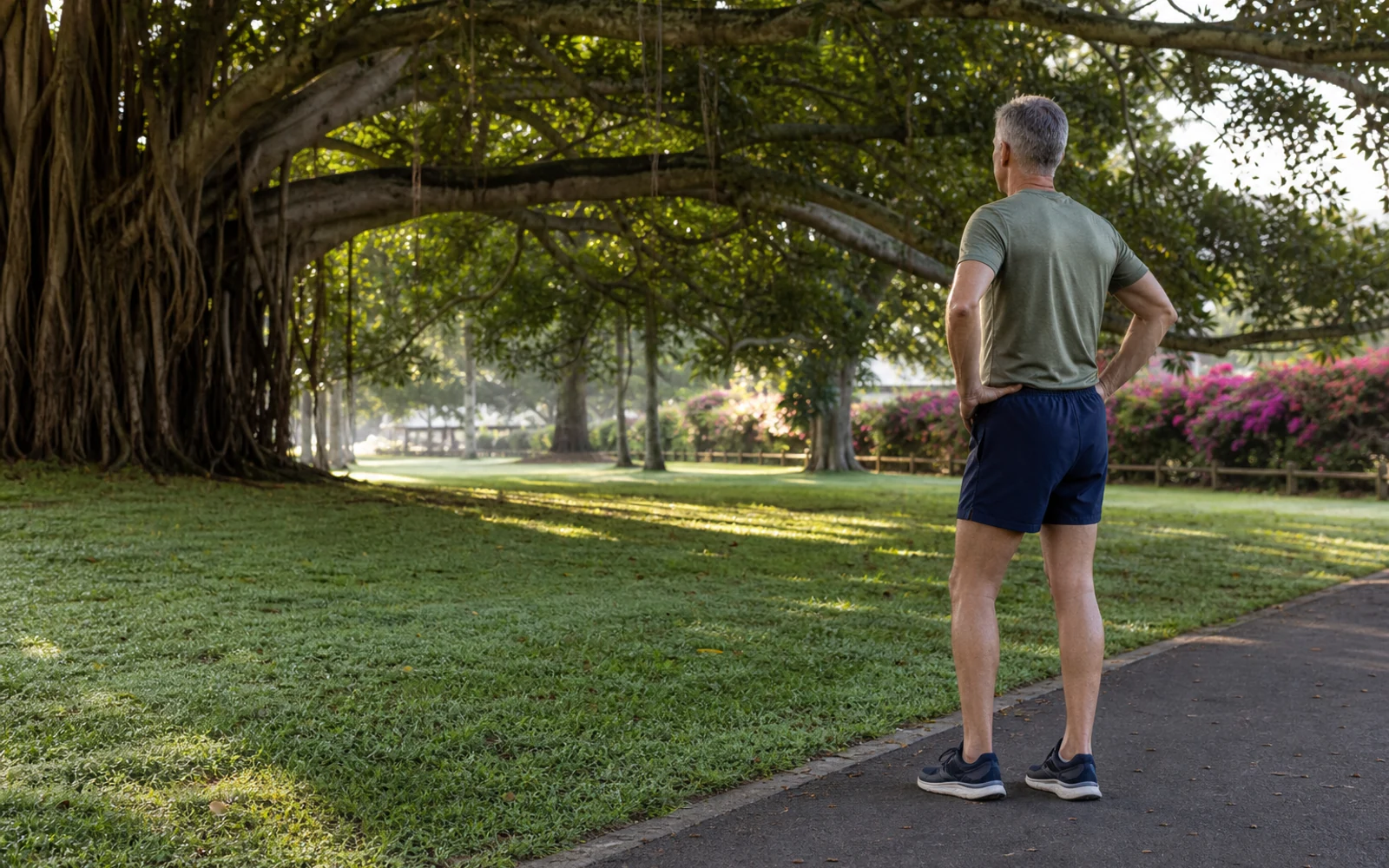 Illustration of a masters-age athlete after a training session in Brisbane parkland