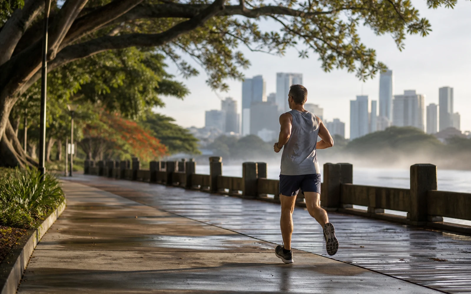 Illustration of a recreational runner on a Brisbane riverside path at sunrise